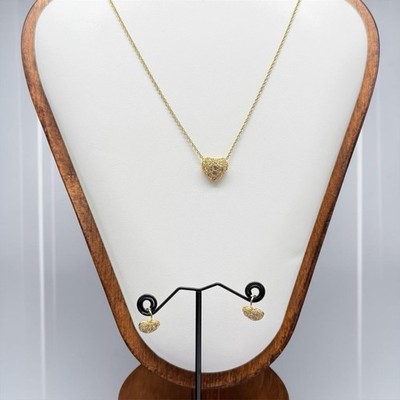 Vintage Roman Heart Necklace & Pierced Earrings Set Gold Tone Austrian Crystal