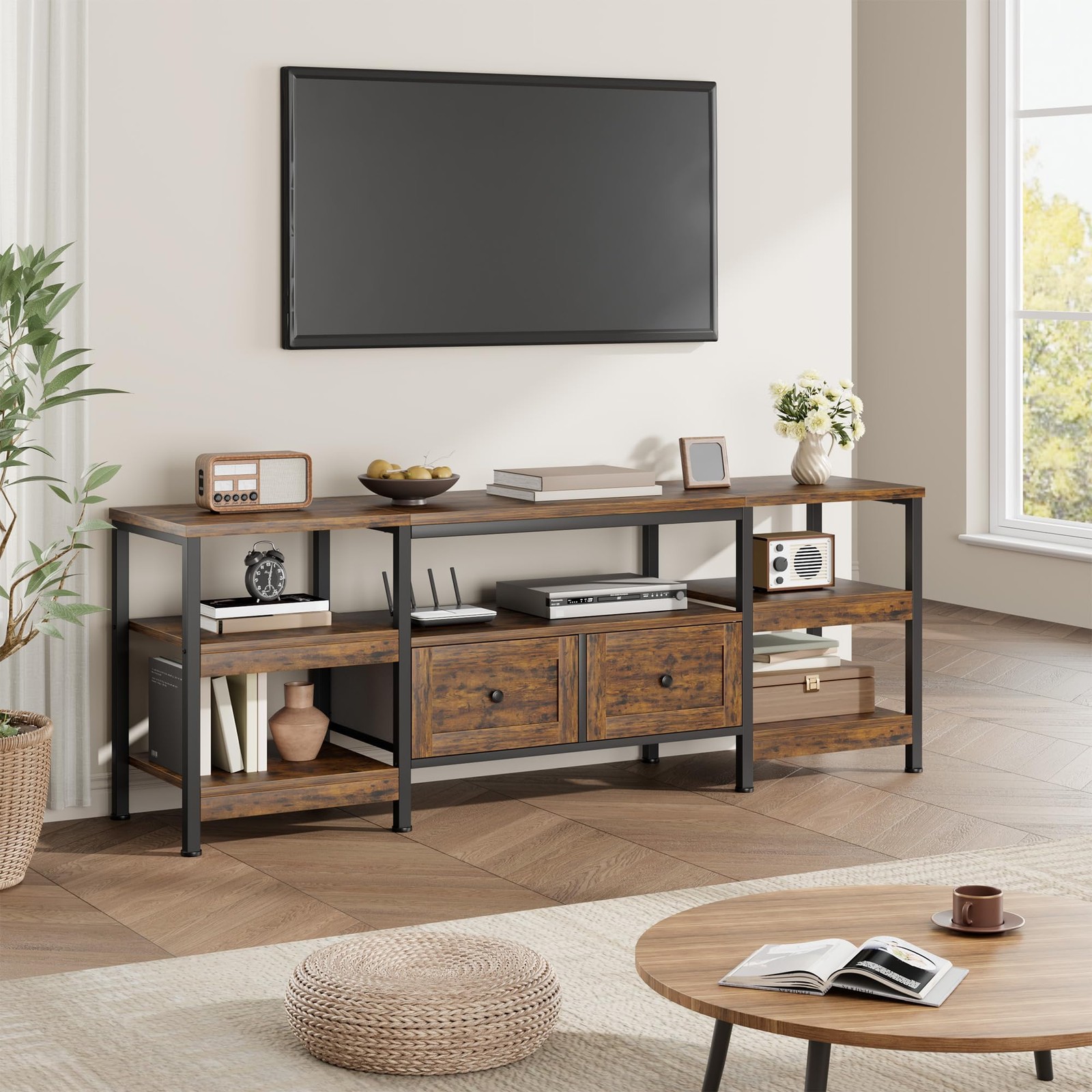 TV Stand with 2 Drawers Rustic Brown Media Console Multi-Layer Storage Cabinet