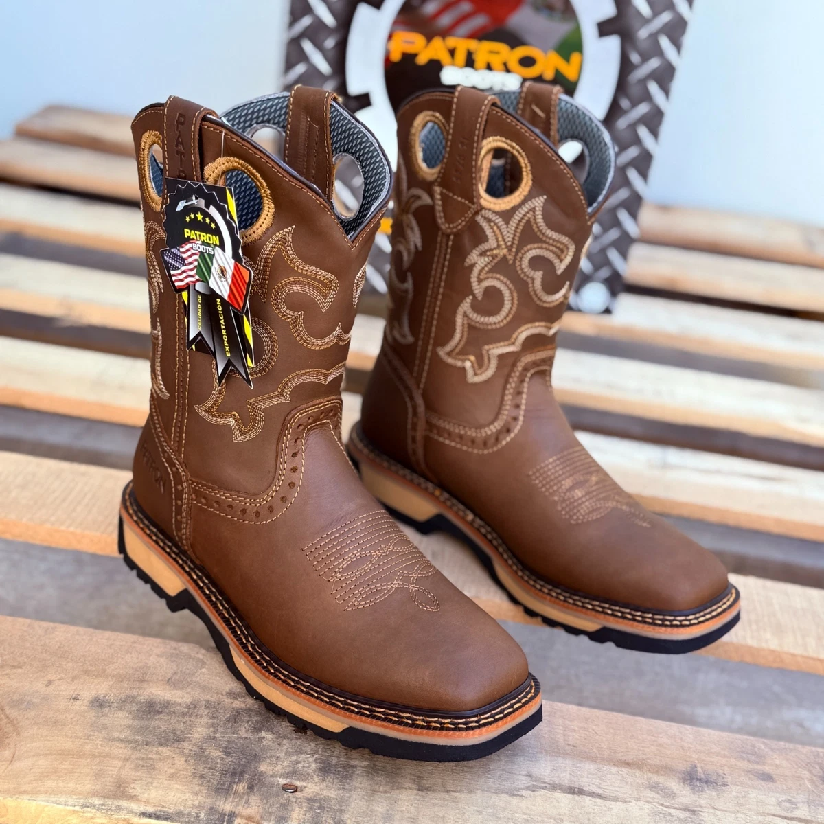NEW Twisted X Lite Western Steel Toe Work Boots Brown Neon Blue Skull Size 7.5D Orange Leather Upper Men main image 2