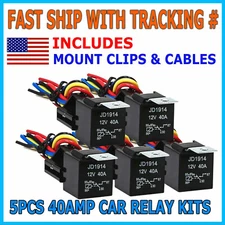 5 PACK 12V 40 Amp 5Pin SPST Automotive Relay with Wires & Harness Socket Set