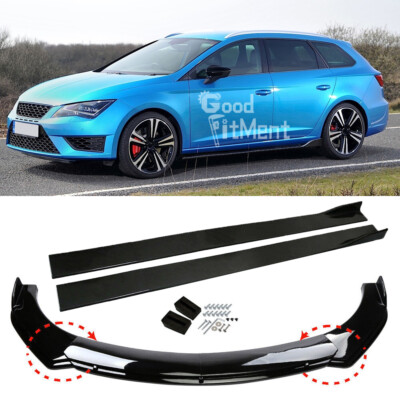 For Seat Leon MK2 MK3 Ibiza Gloss Black Front Bumper Spoiler Lip + Side Skirts