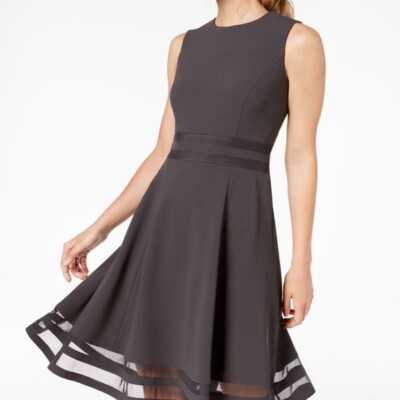 Calvin Klein Sleeveless Fit & Flare Mesh Panel Ribbon Stripe Black Midi  Dress 2 | eBay