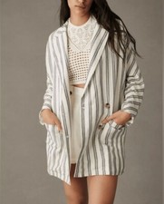 Pilcro Anthropologie Striped Linen Blend Oversized Blazer Jacket Ivory Navy S x1