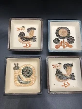 Set of 4 Takahashi Raj Japan square trinket clay dish relief prints bird flower