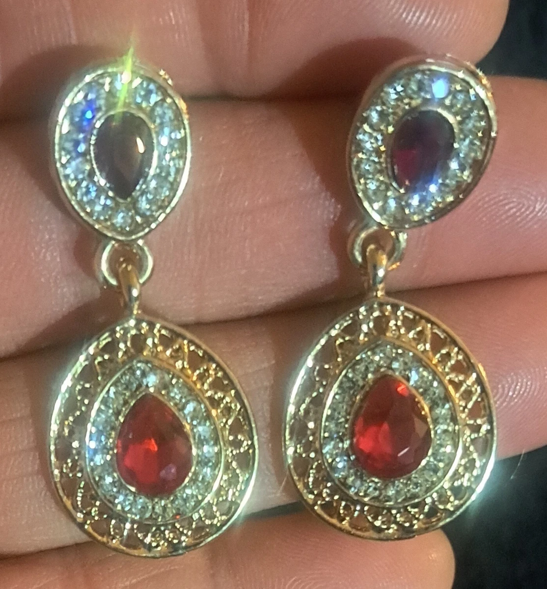 Gorgeous Faux Ruby Rhinestone Gold Tone Earrings eBay