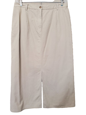 Eddie Bauer Tan Canvas Front-Zip Front-Slit Maxi Skirt Vintage Size 16W Preppy