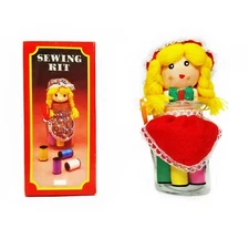 Sewing Pin Cushion Jar Girl Fabric Head Kit Thread Scissors Vtg New Old Stock