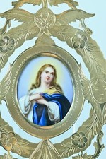 Antique 19Thc Gilt Brass Holy Water Font Angels Virgin Painting Porcelain