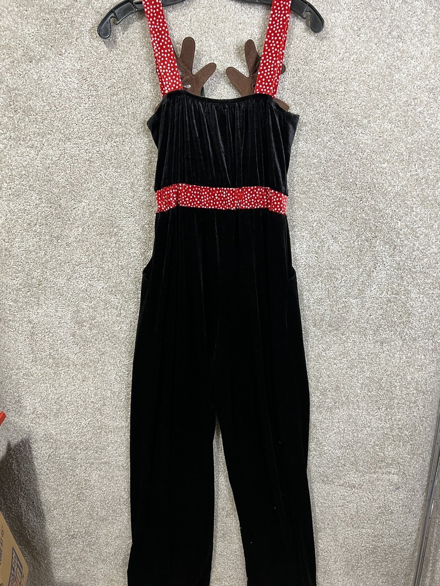 Love On A Hanger Womens Black Christmas Reindeer Velour Overalls