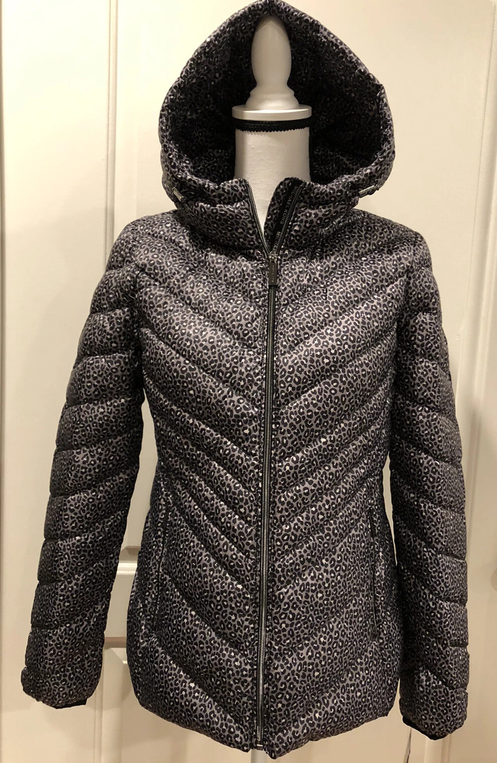 Michael Kors Giacca Cappuccio Imbottito Piumino Calcestruzzo Leopardato Combo S $190