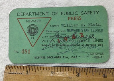 1942 Newark NJ  Dept Public Safety press pass badge ID Star Ledger Newspaper