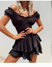 Princess Polly THE LOVE GALORE ROMPER Black Sz 4 Smocked Waist Flirty Festival S