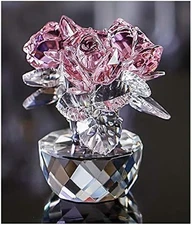 Qfkris Pink Crystal Rose Bouquet Flower Figurine for Home Decor Glass Flowers Or