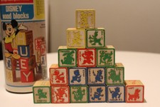 Vintage Disney Playskool Wooden Blocks in Original Container 14 blocks total 