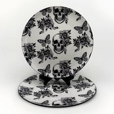 Zrike Brands Skull Flowers Butterfly Black White 10.5” Dinner Plates (2) NEW