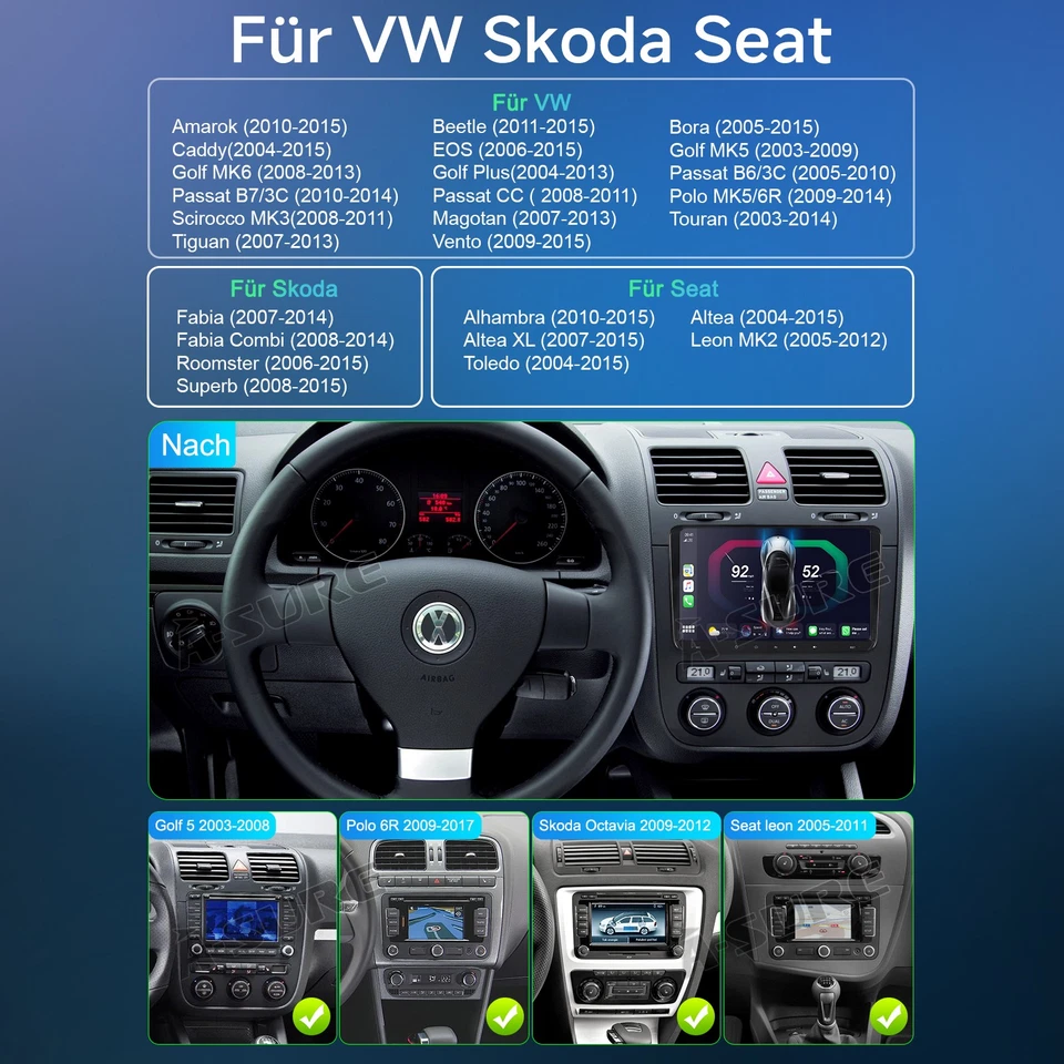 DAB+ 2+32G Android 14 Autoradio Carplay Kam Für VW Golf 5 6 Passat Touran Tiguan - Bild 4 von 4