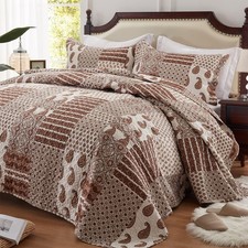 Quilt Set - Full/Queen Size Brown Paisley Patchwork 3 Piece Bedding Set with