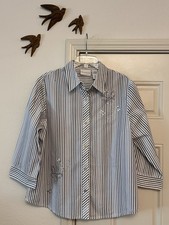 Vintage Alfred Dunner Blue Stripe Blouse Butterfly Embellishments Womens 16