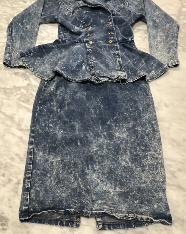 Vestido jeans vintage lavagem ácida peplum denim mexer tamanho 5 altura do joelho anos 80 casa de campo - Imagem 4 de 4