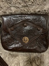 VTG Flores' Bag Dark Brown Leather Hand Tooled Purs From Mexico w/VTG Guarantee