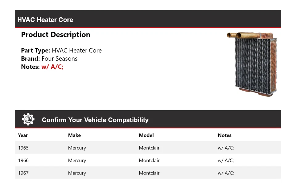 Núcleo de calefacción de climatización Mercury Montclair 1965-1967 4 estaciones 1966 Foto 2 de 3