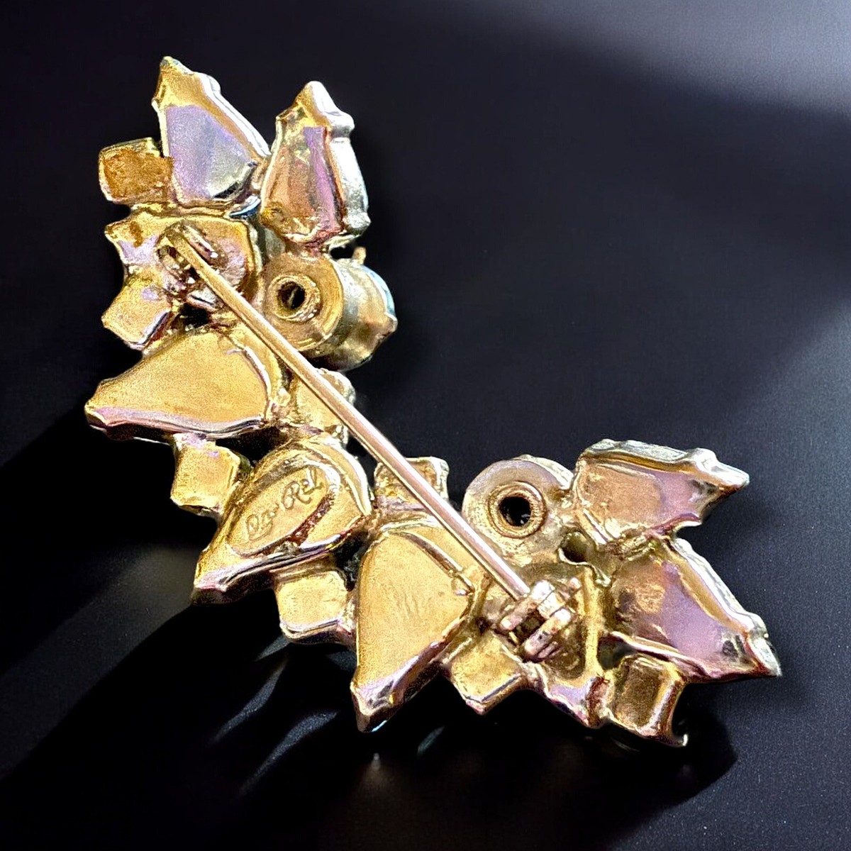 Vintage Red Glass Brooch Gold Leaf Frame Prong Set 1950s Statement Vintage purple ab rhinestone brooch with fire opal art glass  main image 4