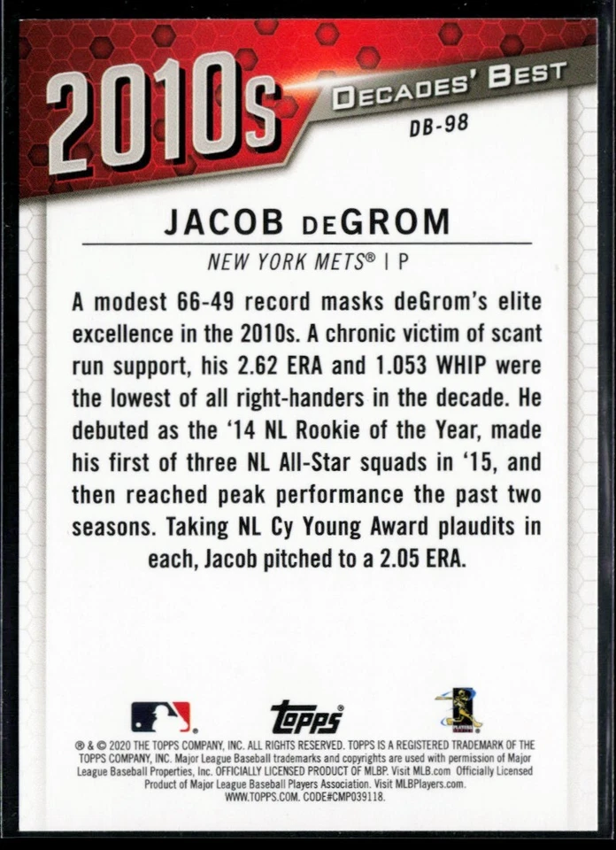 2020 Topps Decades' Best (Series 2) #DB-98 Jacob deGrom - Image 2 of 2