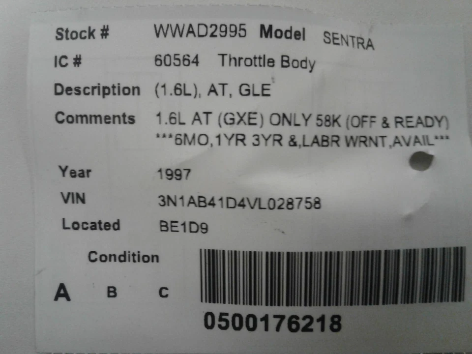 Used Fuel Injection Throttle Body fits: 1997 Nissan Sentra 1.6L AT GLE Grade A Foto 4 de 4