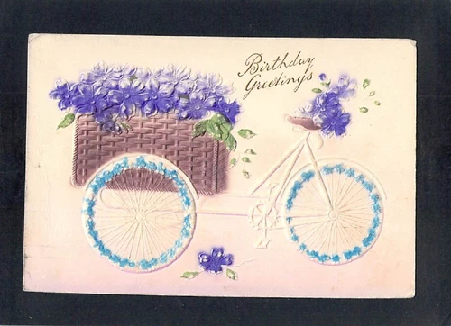 X3496 Greetings Birthday Flowers Bicycle vintage postcard - Picture 1 of 2