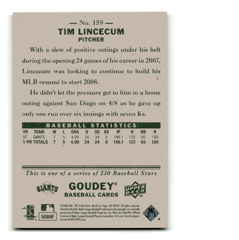 Tim Lincecum 2008 Upper Deck Goudey #159 San Francisco Giants Centered Mint - Image 2 of 2