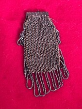ANTIQUE VINTAGE TAN SILVER STEEL MICRO BEAD FRINGE MISER COIN/CHANGE PURSE 1890s