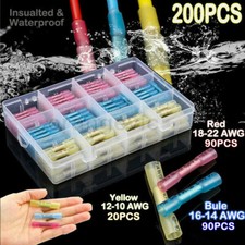 200Pcs 22-14 AWG Heat Shrink Butt Wire Splice Connectors Crimp Terminals Kit Set