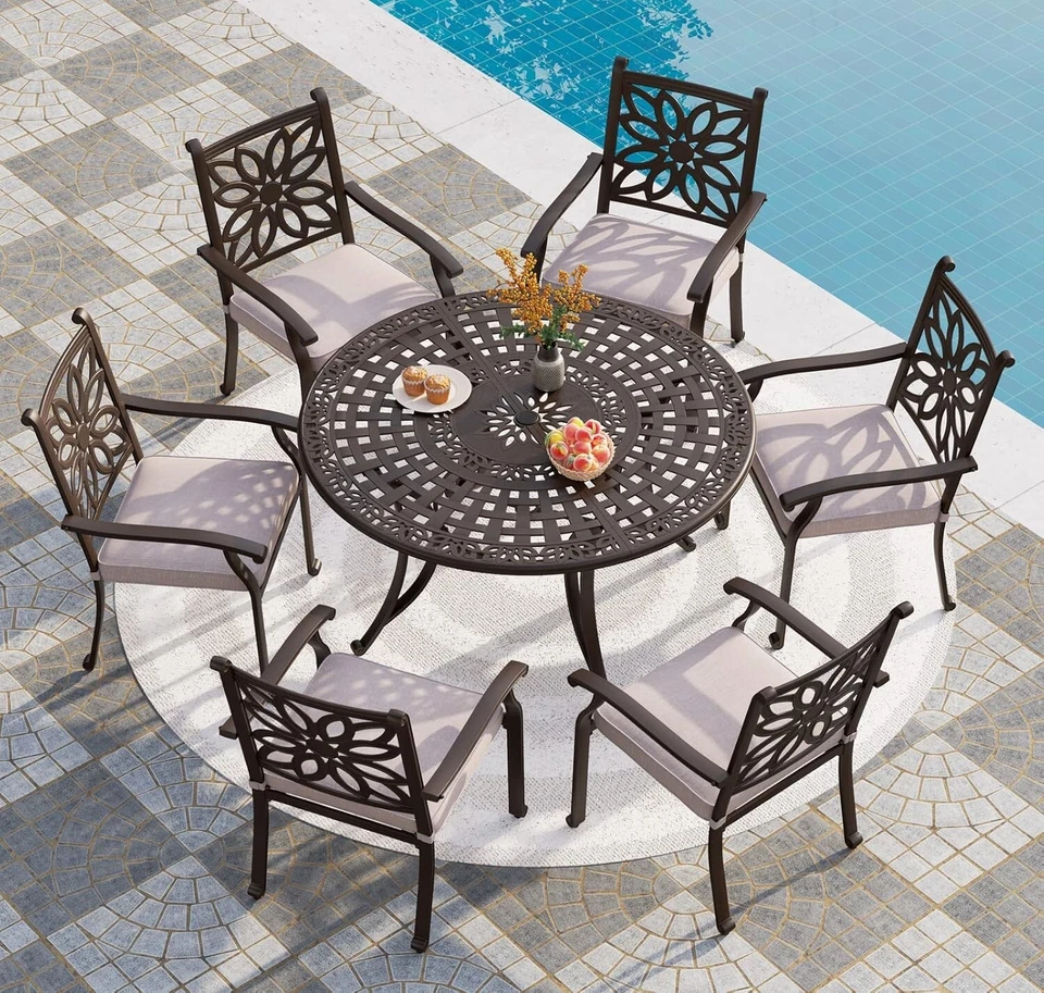 Round Patio Dining Tables for 6 Person Outdoor Aluminum Table w/ Umbrella Hole - Image 2 of 4