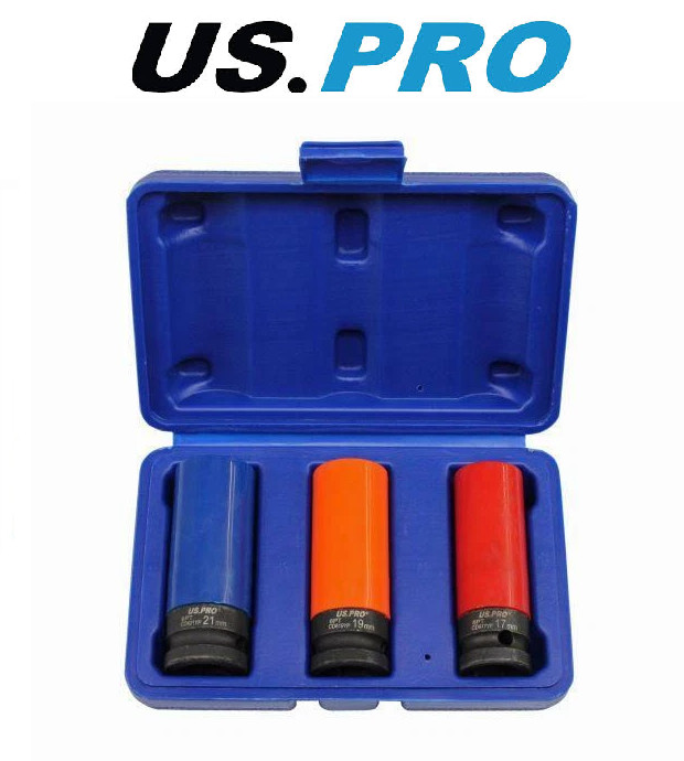 US PRO Alloy Wheel Nut Socket Deep Impact Set 1/2"" Drive Remover 17 19 21mm 3723