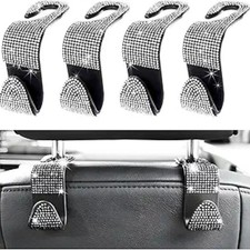 4 PCS Car Seat Headrest Hooks, Bling Crystal Rhinestone Back Seat Hanger Silver