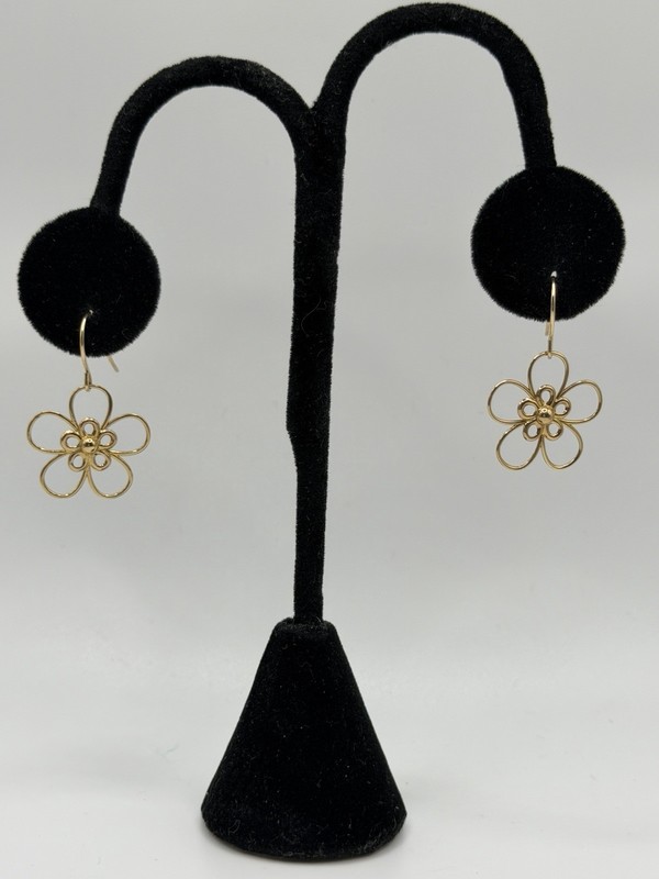 14K Yellow Gold Open Flower Dangle Earrings French Wire Floral 1.52g