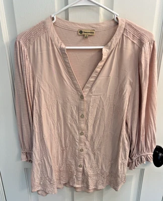 Democracy Womens Button Up Embroidered Blouse Size L Ruffle Sleeve Light Pink - Image 1 of 4