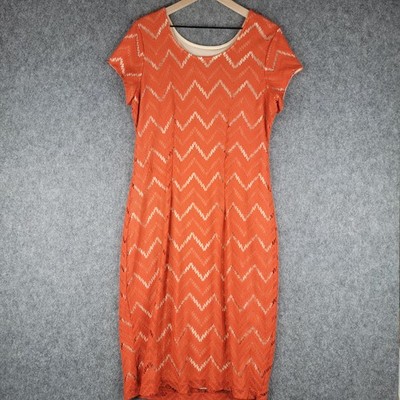 Cocomo Dress Womens Large Orange Chevron Knit Short Sleeve Lined Sheath Boho