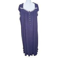 Eileen West Nightgown Maxi Dress L Navy Blue Polka Dot Lace Trim Button Front