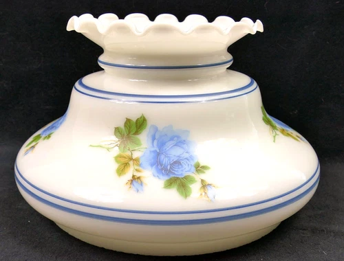 10" Fitter Milk Glass Blue Rose Floral Gone With The Wind Hurricane Lamp Shade