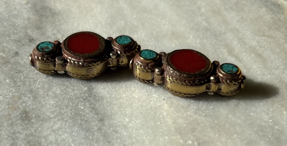 2pcs Tibetan Deluxe Brass Coral Turquoise Coral 32x25mm Beads CC523 - Image 3 of 3