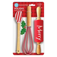 R&M International Christmas 3 Piece Mini Baking Set with Spatula, Rolling Pin,