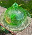 Vintage 1930s Hazel-Atlas Green Depression Uranium Glass Covered Butter Dish - "