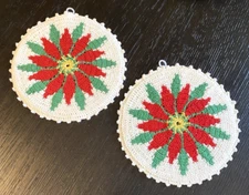 Vintage Potholders Doilies Christmas Poinsettia Hand Crocheted Pair White Red