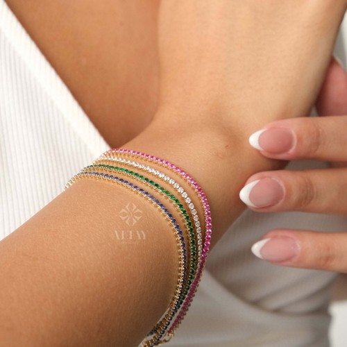 14K Gold Tennis Bracelet, 2mm Tennis Bracelet, Birthstone Tennis Bracelets - Picture 9 of 12