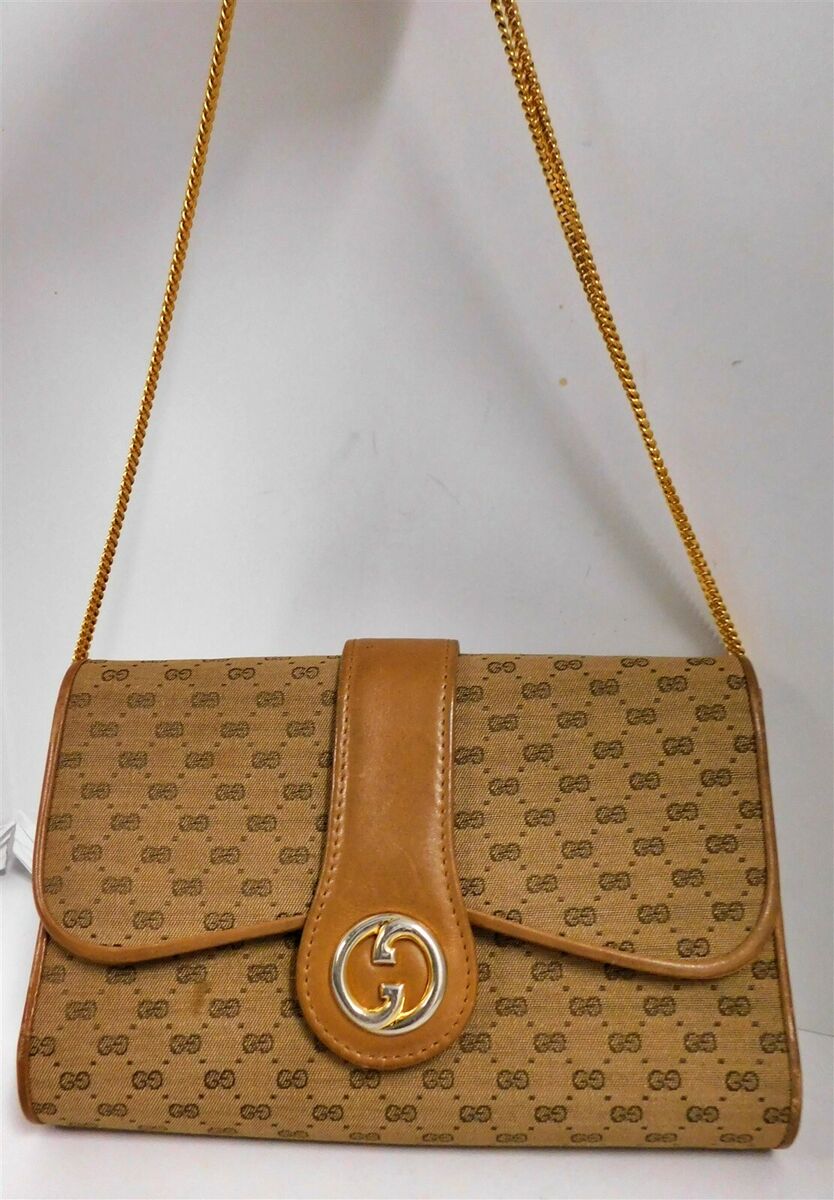 【送料&関税込】Gucci Original Gg And Leather Shoulder Bag Gucci Vintage Beige Tan GG Logo Monogram Canvas Leather Gold