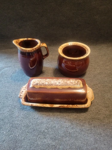Vintage Hull Pottery Brown Drip Butter Dish, Sugar Bowl & Creamer, Oven Proof