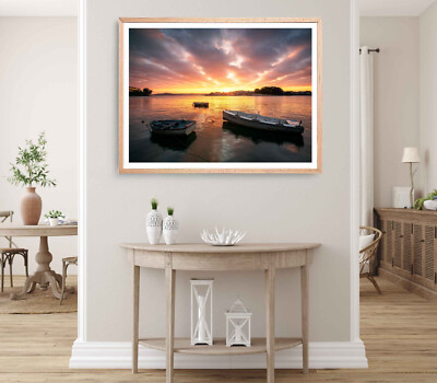 Boats On Sea Print, Cloudy Sky Wall Art, Ocean Framed Beach Wall Art, Coastal