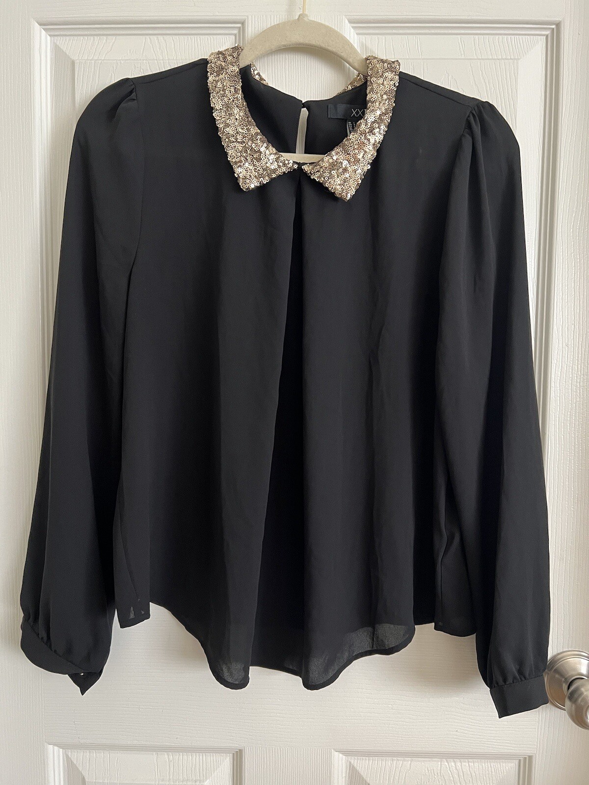Forever 21 Sequin Collar Black Chiffon Long-sleeve top Sz Large | eBay