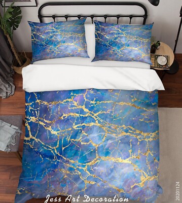 3D Blue Gold Texture Marble Quilt Cover Set Bedding Sets Pillowcases Queen